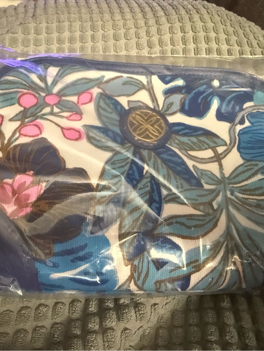 Lilly Pulitzer Blue Floral Cosmetic Pouch with Pink Accents and Gold Logo